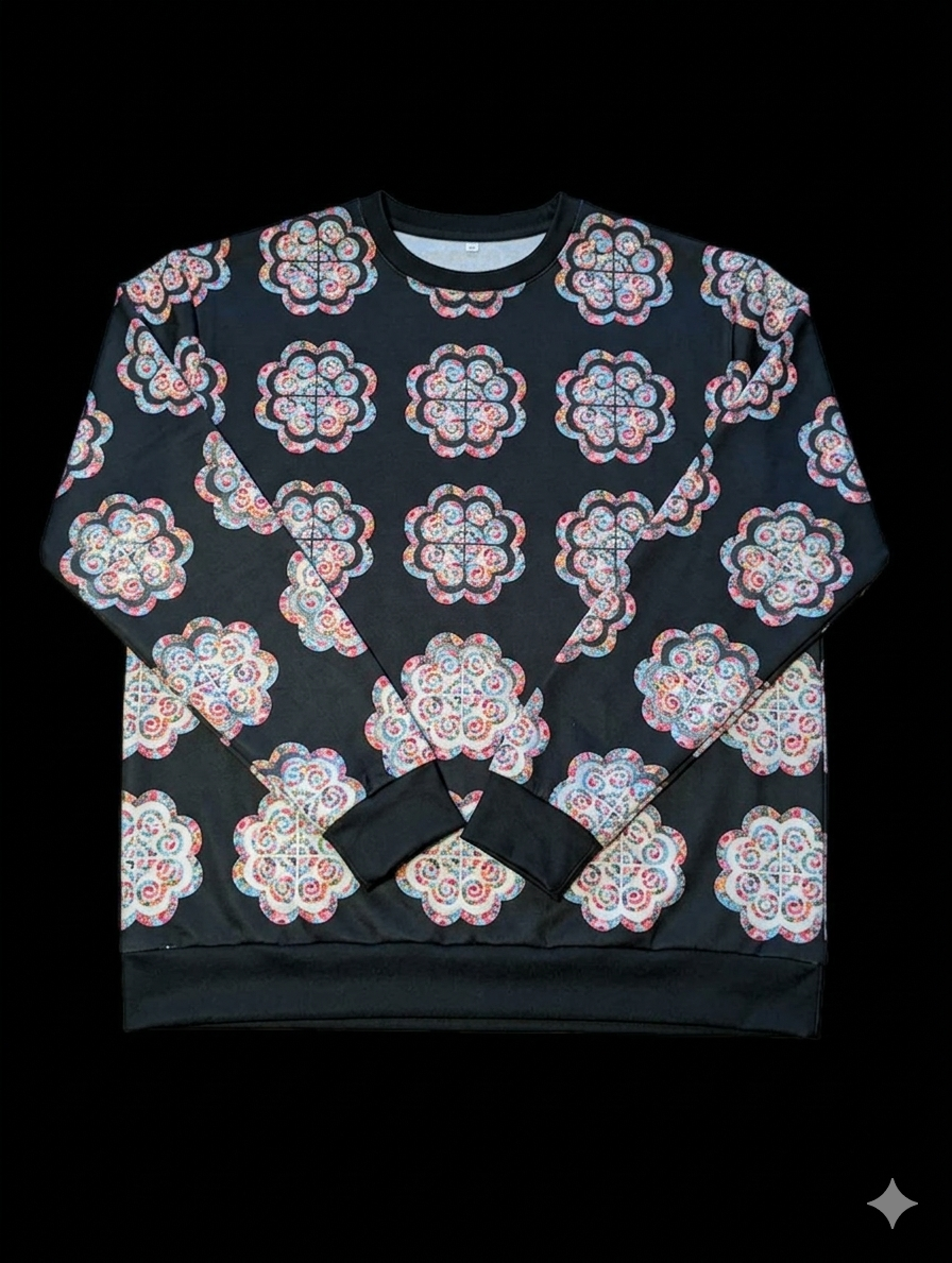 BLACK - Hmong Floral Unisex Crew Neck Sweater